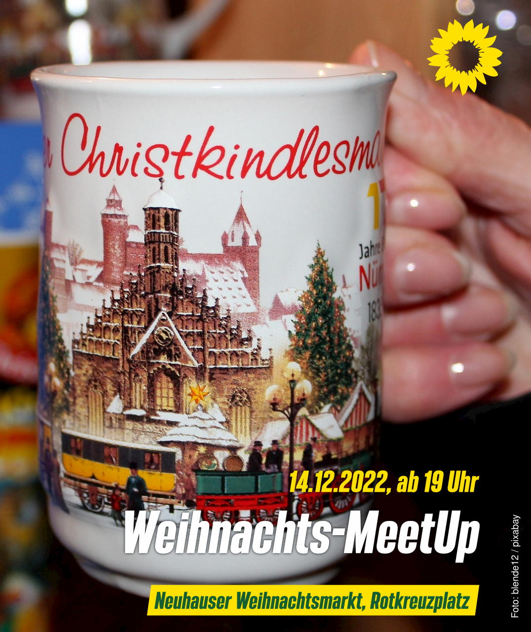 Glühweintasse mit Hinweis auf Treffen am 14.12.2022 auf dem Rotkreuzplatz