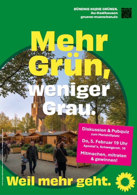 Veranstaltungsplakat Diskussion und Pubquiz zum Mariahilfplatz am 5.2.26