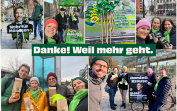 Eindrücke aus dem Wahlkampf. Bilder von Infoständen, einem Lastenrad mit dem Konterfei von Dominik Krause und Personen nach dem Haustürwahlkampf
