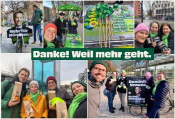 Eindrücke aus dem Wahlkampf. Bilder von Infoständen, einem Lastenrad mit dem Konterfei von Dominik Krause und Personen nach dem Haustürwahlkampf