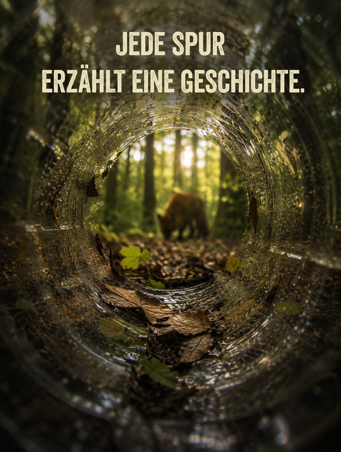 Der Blick durch eine weggeworfene Flasche führt tiefer in den Wald.