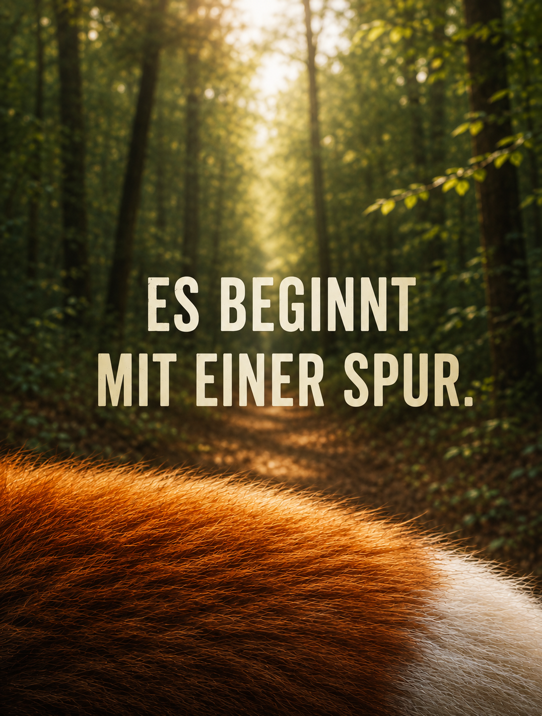 Eine geheimnisvolle Spur führt durch einen sonnigen Wald.