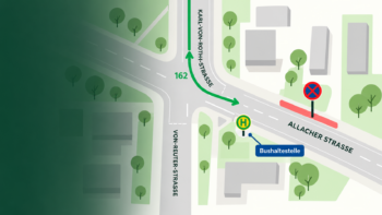 Grafische Karte der Kreuzung Allacher Straße und Karl-von-Roth-Straße mit Busroute 162, Bushaltestelle und beantragtem Haltverbot