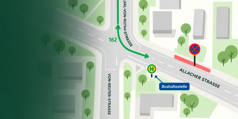 Grafische Karte der Kreuzung Allacher Straße und Karl-von-Roth-Straße mit Busroute 162, Bushaltestelle und beantragtem Haltverbot