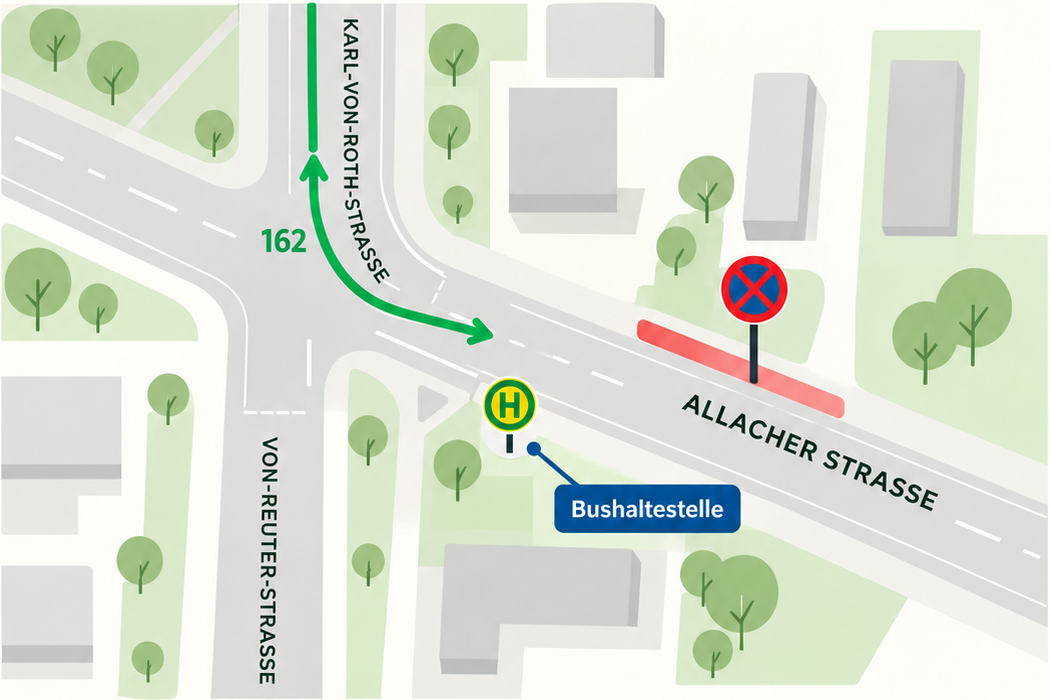 Grafischer Lageplan der Kreuzung Allacher Straße und Karl-von-Roth-Straße mit Busroute 162, Bushaltestelle und vorgesehenem Haltverbot