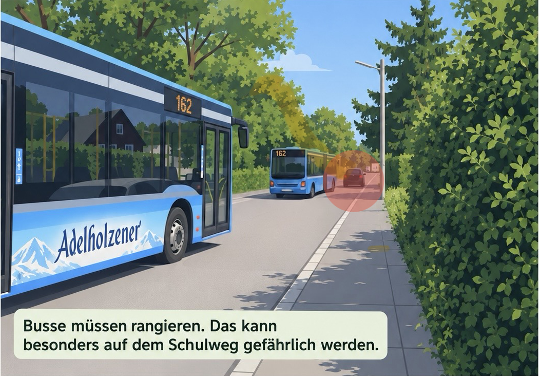 Illustration der Engstelle an der Allacher Straße mit Bussen der Linie 162 und parkendem Fahrzeug